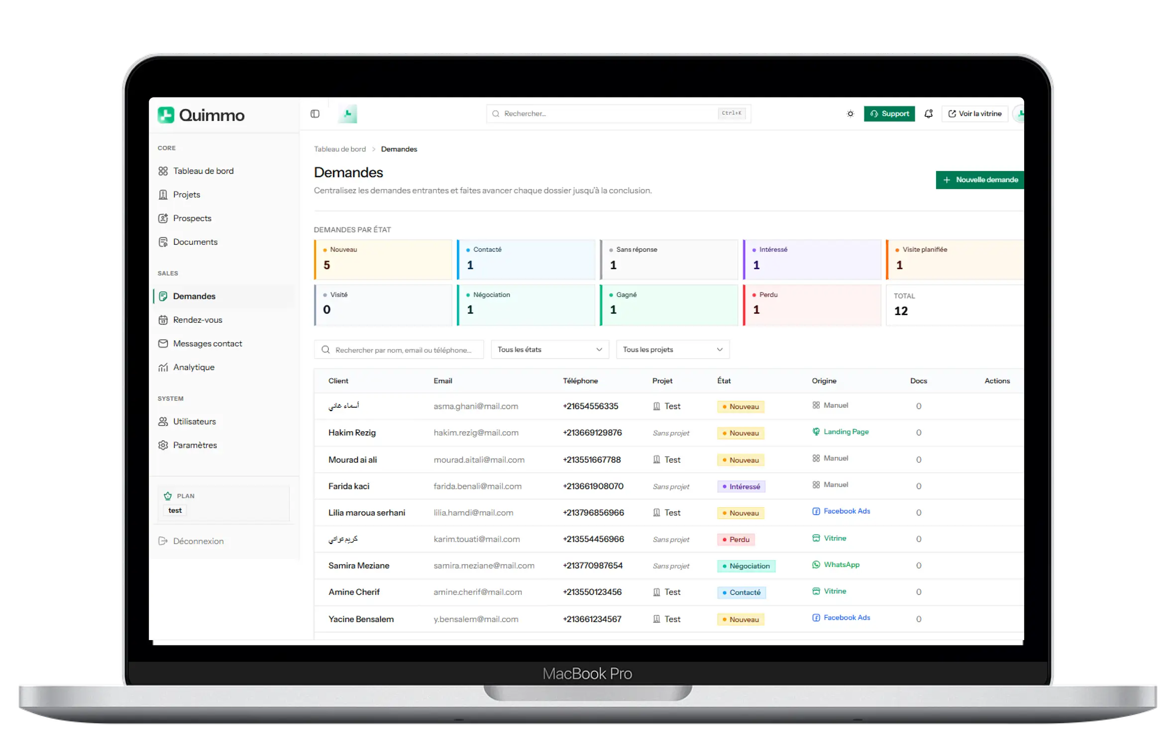 Aperçu de l’interface Quimo — suivi des prospects et activité